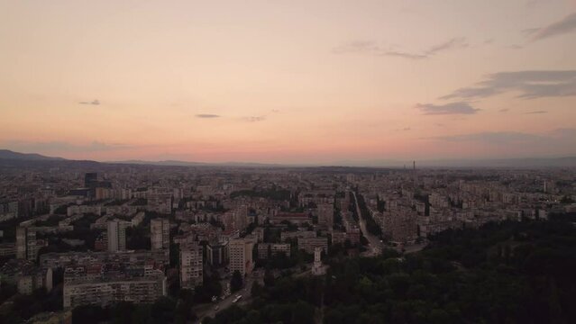 Aerial View Of Light Pink Sunset Sky In Sofia, Bulgaria