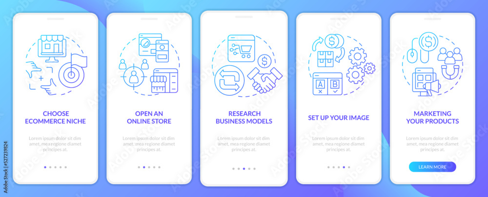 Poster starting ecommerce business steps blue gradient onboarding mobile app screen. walkthrough 5 steps gr