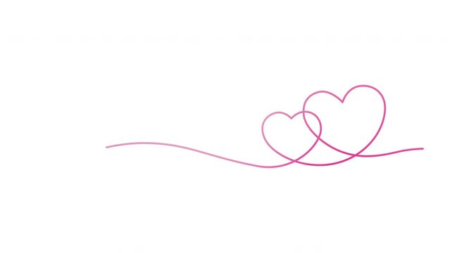 Couple heart one line continuous drawing single line art pink gradient color isolated on white background in conept romance, love sketch, romantic Valentine's day doodle animation