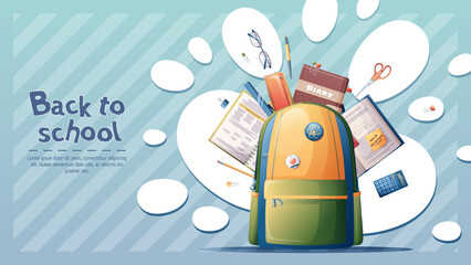 Banner template with a school backpack and scattered textbooks, stationery, etc. on a blue background. Back to school, knowledge day, study. Vector illustration. Poster, banner, background