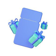 3D coupon with flying emerald gifts and a blue bow. illustration of 3d rendering. Isolated on a white background. Promo codes and coupons. Profitable shopping - obrazy, fototapety, plakaty