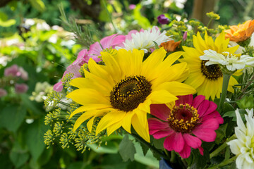 Bouquet with sunflowers and zinnias