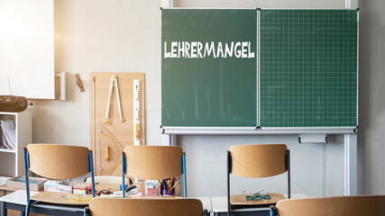 LEHRERMANGEL an deutschen Schulen - Alte Tafel , Tisch und Stühle in einem leeren Klassenzimmer
