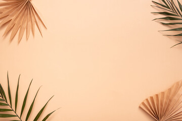 Decorative tropical palm dry leaves on beige background. Copy space