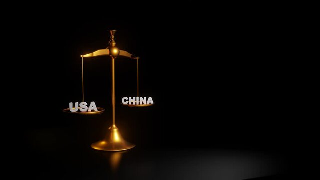 China vs USA economy conceptual 3d render seamless looping animation. Golden libra showing balance of United states of America and China economical growth