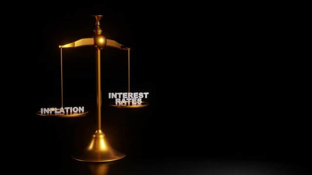 Inflation and interest rates conceptual 3d render seamless looping animation. Golden libra showing balance of interest rates and inflation.