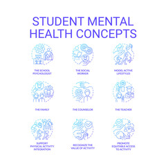 Student mental health blue gradient concept icons set. Physical activity and nutrition idea thin line color illustrations. Counseling. Isolated symbols. Roboto-Medium, Myriad Pro-Bold fonts used