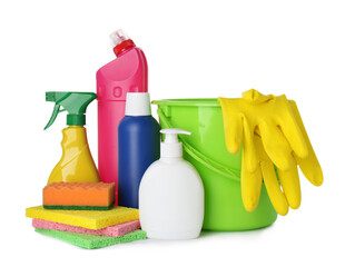 Set of different cleaning supplies and tools on white background