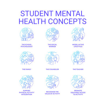 Student Mental Health Blue Gradient Concept Icons Set. Physical Activity And Nutrition Idea Thin Line Color Illustrations. Counseling. Isolated Symbols. Roboto-Medium, Myriad Pro-Bold Fonts Used