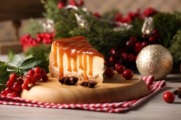 Fototapeta na wymiar Tasty caramel cheesecake and Christmas decorations on wooden table, space for text