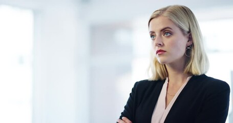 Arrogant, posh or snob business woman with work problems in a corporate office. Female entrepreneur leader pondering over a idea or decision for a company startup project in a professional workplace