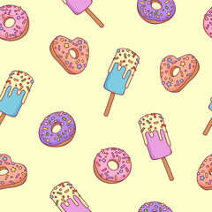 Cute cartoon pattern of donuts and ice cream in a modern style in pastel colors