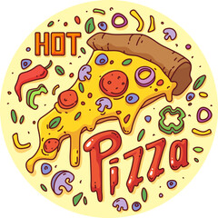 Hot pizza illustration in modern style. Vector cartoon advertisement of appetizing pizza