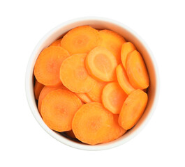 Fototapeta na wymiar Bowl with tasty cut carrots isolated on white, top view