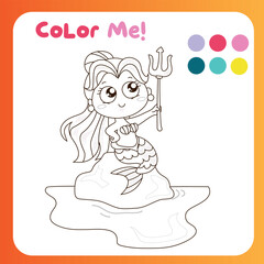 Color me worksheet for children. Coloring mermaid. Motor skills for children. Vector illustrations. 