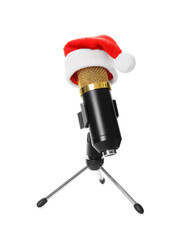 Microphone with Santa hat isolated on white. Christmas music