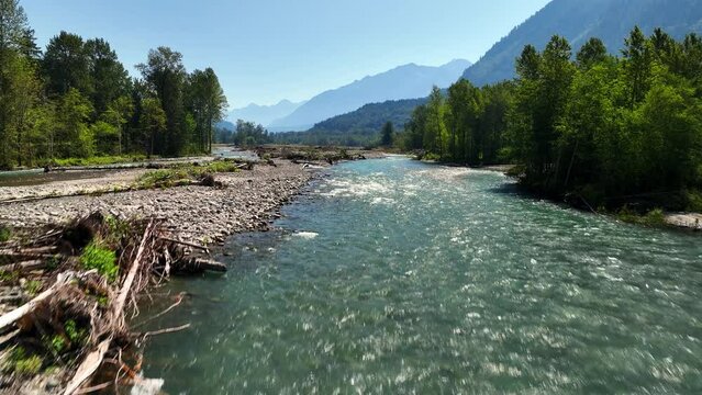Crystal Clear Waters Of The Chilliwack River In British Columbia, Canada - aerial drone shot