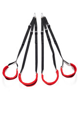 Detailed shot of a black and red fabric sex swing made out of durable fabric slings with soft plush...