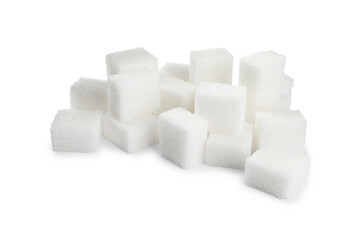 Pile of refined sugar cubes on white background