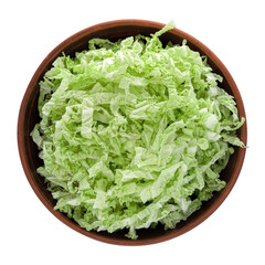 Pile of fresh ripe Chinese cabbage in bowl isolated on white, top view