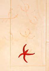 Minimal sea scene with red starfish and traces on the tiles. Creative summer layout on sunny day. Flat lay.