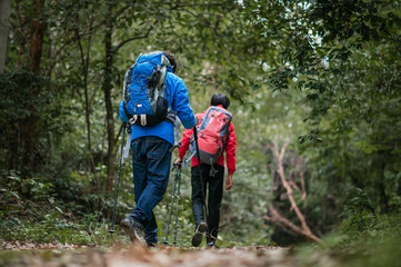 Two young Asian male backpackers Trekking to study the nature of tropical forests for ecotourism. Tourists trekking to see the beauty of tropical forests in Thailand.