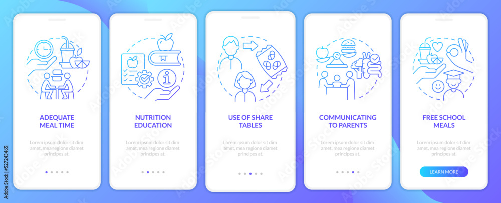 Poster school lunch program importance blue gradient onboarding mobile app screen. walkthrough 5 steps grap