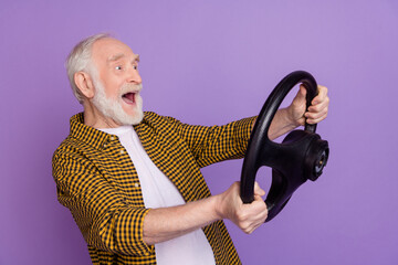 Photo portrait of funky granddad grey hair fast taxi driver dressed trendy yellow checkered shirt...