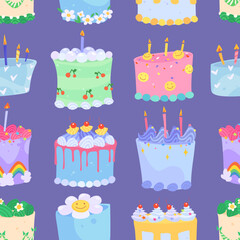 Cute youth pattern with cartoon cakes. Background for cover design of sketchbooks and notebooks