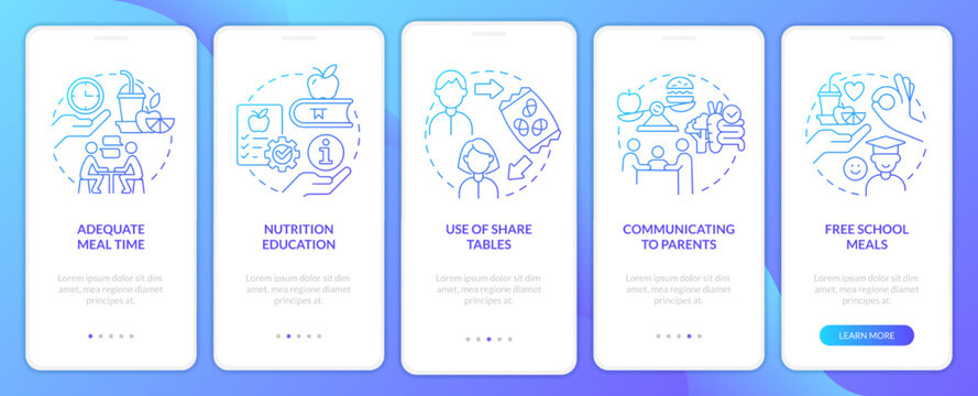 School lunch program importance blue gradient onboarding mobile app screen. Walkthrough 5 steps graphic instruction with linear concepts. UI, UX, GUI template. Myriad Pro-Bold, Regular fonts used
