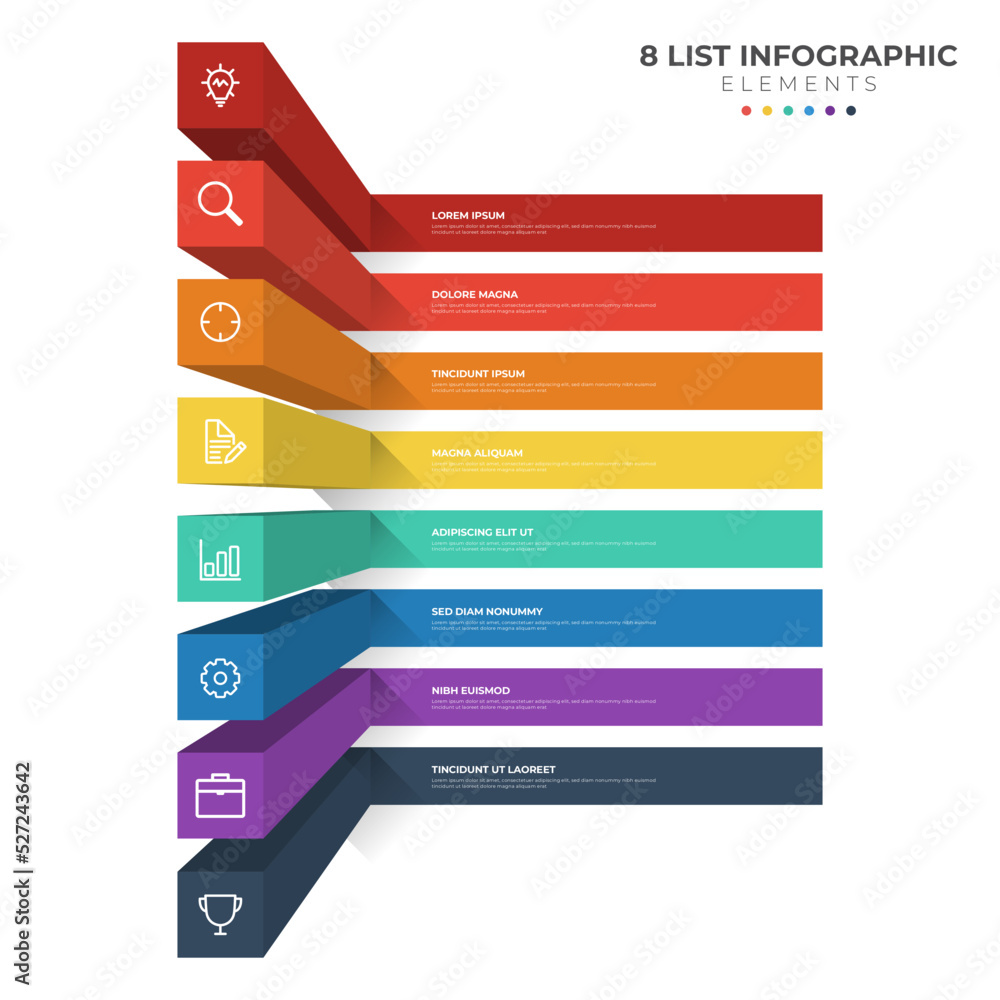 Poster 8 points of steps diagram, 3d list layout, infographic element template vector with icons