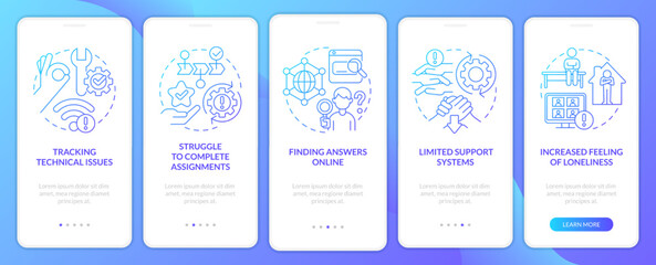 Managing remote students stress blue gradient onboarding mobile app screen. Walkthrough 5 steps graphic instructions with linear concepts. UI, UX, GUI template. Myriad Pro-Bold, Regular fonts used