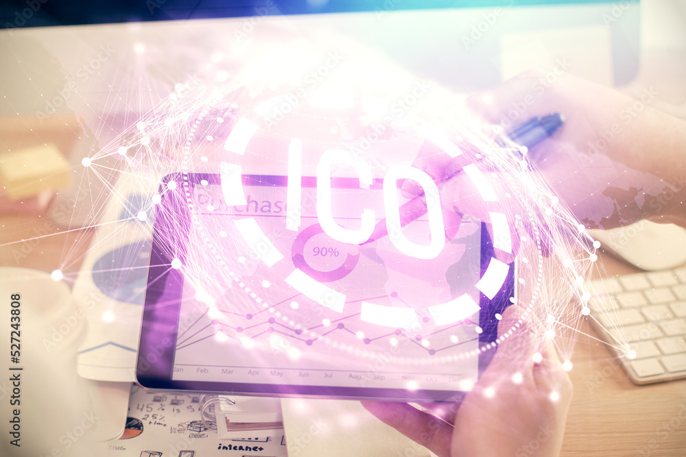 Poster double exposure of man's hands holding and using a phone and crypto currency blockchain theme drawin