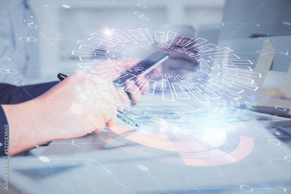 Aufkleber Multi exposure of man's hands holding and using a digital device and data theme drawing. Innovation concept.