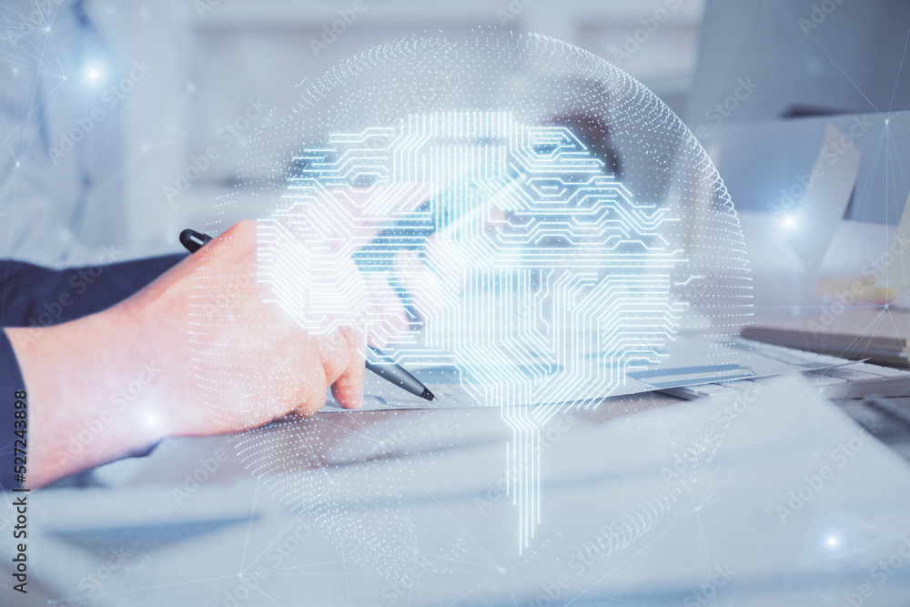 Poster double exposure of man's hand holding and using a digital device and brain hologram drawing. data co