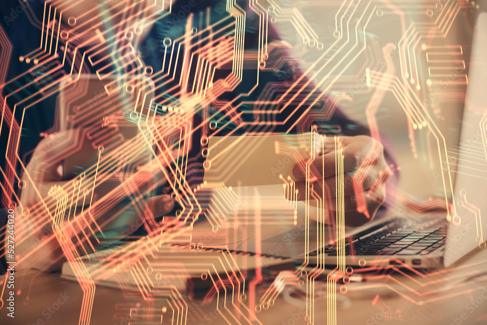Aufkleber Double exposure of man's hands holding and using a digital device and tech theme hologram drawing. Technology concept.