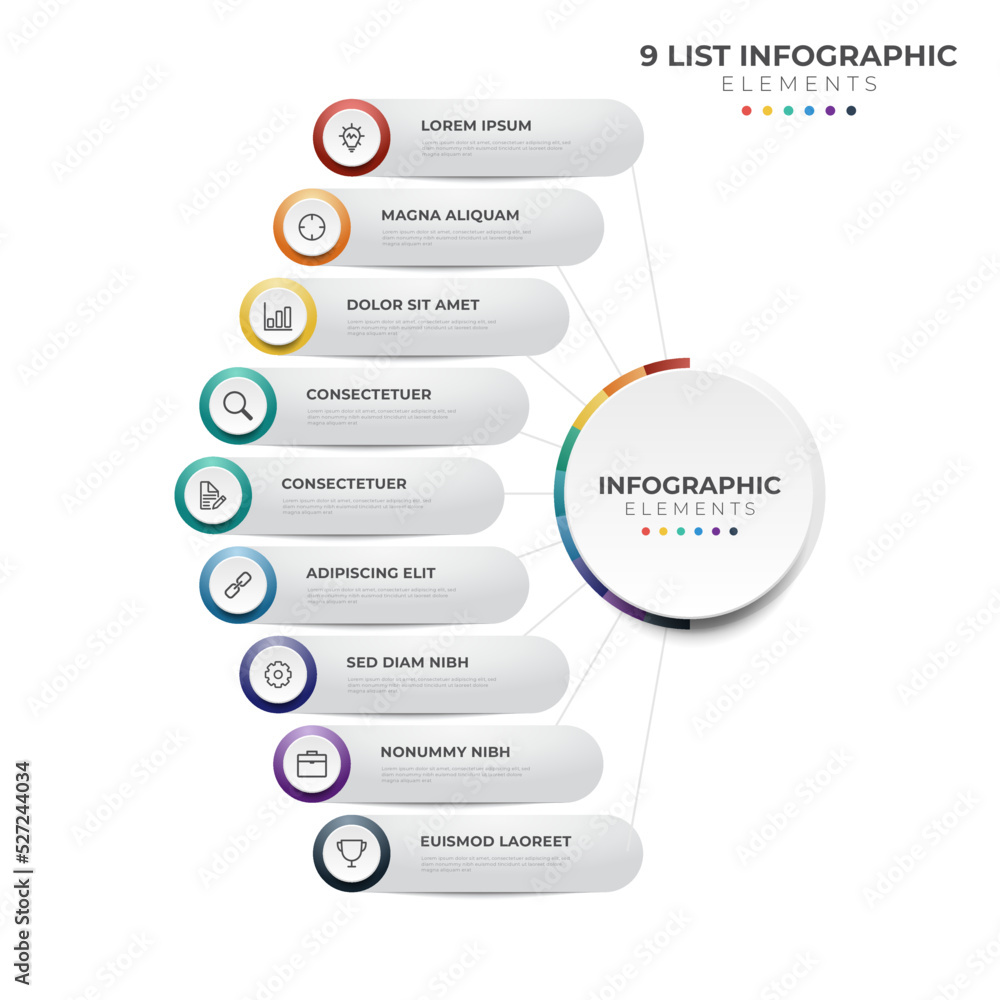 Poster 9 points of steps, circular list diagram , infographic element layout template vector with icons