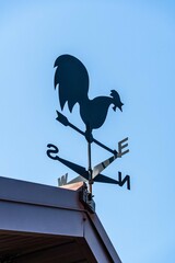 Roof of country house is set with weather vane. Weathervane in shape of rooster. Black rooster with large tail sits on arrow. Under arrow, sides of the color are indicated as on compass.