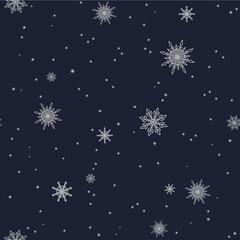 Fototapeta na wymiar Seamless pattern. White snowflakes on a dark background. For fabric, textile, wrapping paper, invitation, wallpaper and design.Vector