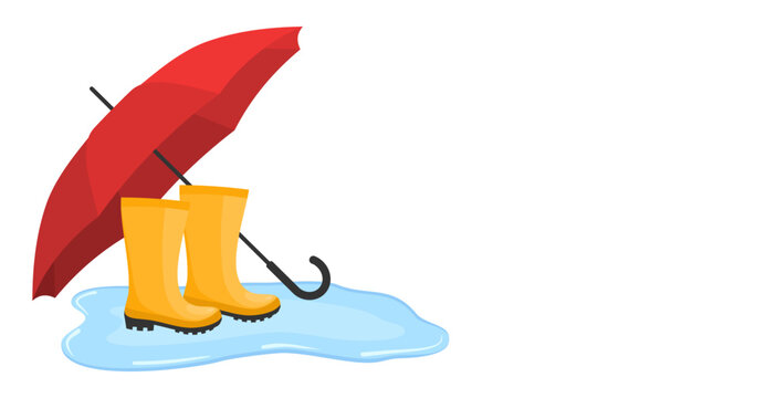 Yellow rubber boots in a puddle under a red umbrella on a white background with copy space. Flat vector illustration