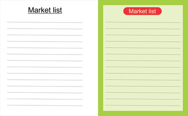 Printable shopping list super market .Vector template black and white and with color background. Market list Memo pages, to do, daily planner Eps8