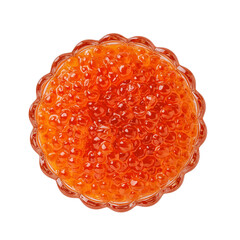 Red caviar in a glass bowl isolated on a white background. Crystal dish full of chum salmon caviar cutout. Salted roe of trout for seafood fish delicacy, gourmet food concept. Texture of caviar.