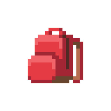 Red backpack pixel art abstract icon. Flat style. 8-bit. Isolated vector  illustration. Stock Vector