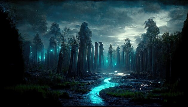 Dark Night Forest With A Magical Blue Glow Through The Trunks Of Dark Trees. River With Shimmering Water.