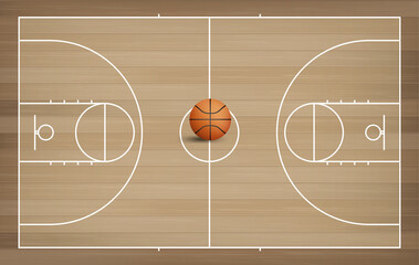 Basketball field and ball.