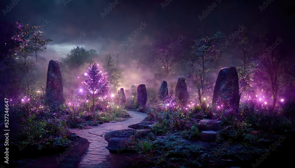 Sticker Garden with purple light that illuminates plants, rocks, path and clearing at night