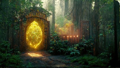 Thicket of the forest with large dark trees and shrubs, a magical portal with an entrance