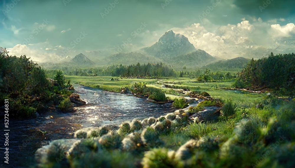 Poster Stormy river in a mountain valley, green fields under the sky with white air clouds