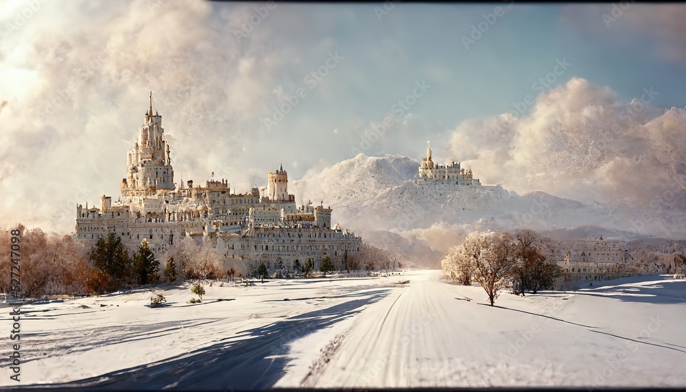 Canvas Prints Winter landscape with a fairy tale castle, snow cover on the ground, road, snowy mountains