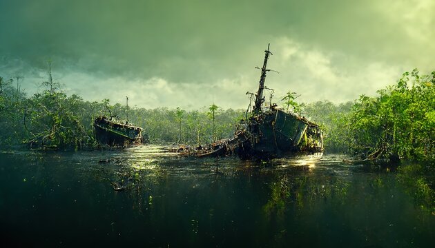 Sunken ship. Wild jungle, tropical forest landscape with green swamp, old dirty yacht in the water.